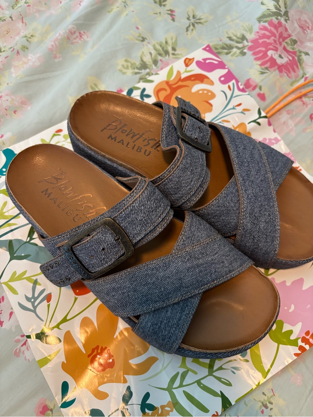 Blowfish Malibu Denim Crossband Slide Sandals in Blue
